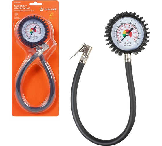 Изображение товара Манометр стрелочный металлический AIRLINE 12 атм, со шлангом 45 см  ATBU038