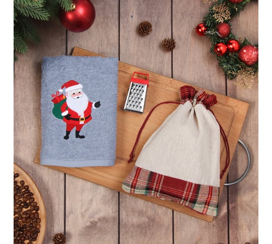 Изображение товара Набор в мешочке Этель Дедушка Мороз: полотенце 35х60см, тёрка 7.7х3.7х3 см 10577086