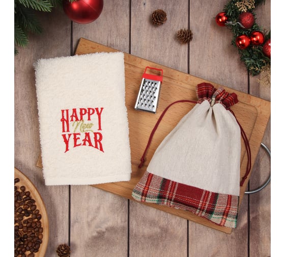 Изображение товара Набор в мешочке Этель Happy: полотенце 35х60 см, тёрка 7.7х3.7х3 см 10577087