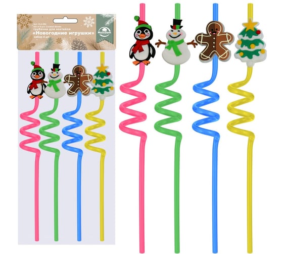 Изображение товара Трубочки для коктейля МУЛЬТИДОМ Новогодние игрушки, набор 4 шт., длина 26 см VL2-292