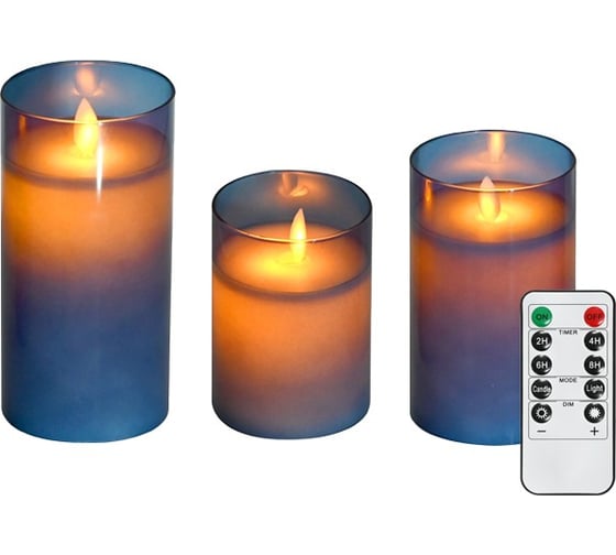 Изображение товара Восковые светодиодные свечи в корпусе из декоративного стекла ФАZА (3 свечи, пульт ДУ, син.) 5060074