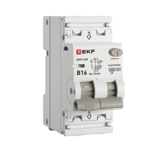 Изображение товара Автоматический выключатель дифференциального тока EKF АВДТ-63N 1P+N 16А 10мА характеристика B тип A электронный 6кА PROXIMA D63N26EA16B10