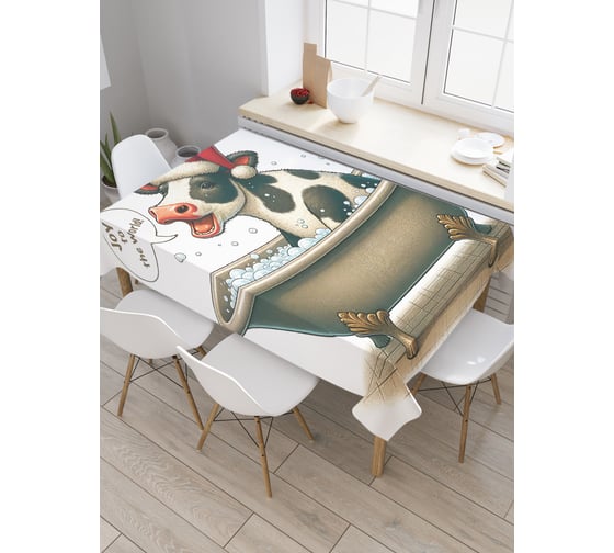 Изображение товара Прямоугольная тканевая скатерть на стол JoyArty с рисунком "Радостная корова", 120 на 145 см, серия Новый год и Рождество tc_sd3873_120x145