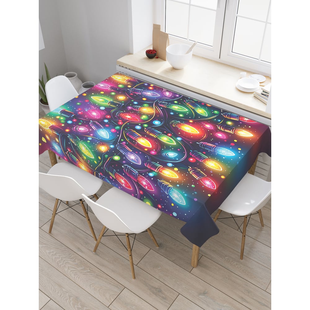 Изображение товара Прямоугольная тканевая скатерть JoyArty Красочные огоньки 120х145 см новогодний дизайн