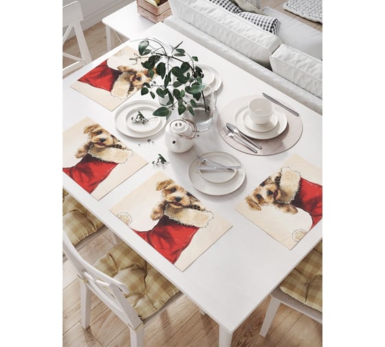 Изображение товара Салфетки на стол для сервировки прямоугольные, плейсмат JoyArty "Щенок в валенке", 32x46 см, в комплекте 4 шт., серия Новый год и Рождество np_sd3998