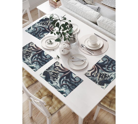 Изображение товара Салфетки на стол для сервировки прямоугольные, плейсмат JoyArty "Гигант осьминог", 32x46 см, в комплекте 4 шт., np_sd3486