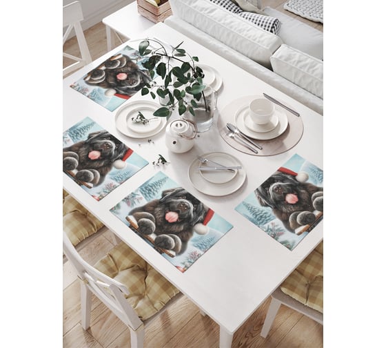 Изображение товара Салфетки на стол для сервировки прямоугольные, плейсмат JoyArty "Пес на санках", 32x46 см, в комплекте 4 шт., серия Новый год и Рождество np_sd3867