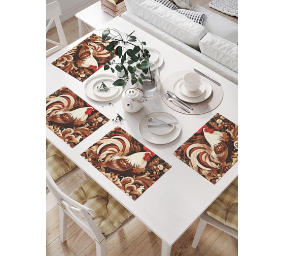 Изображение товара Салфетки на стол для сервировки прямоугольные, плейсмат JoyArty "Петух в цветах", 32x46 см, в комплекте 4 шт., np_sd3448