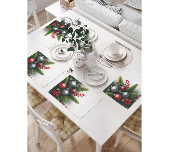 Изображение товара Салфетки на стол для сервировки прямоугольные, плейсмат JoyArty "Игрушки в иголках", 32x46 см, в комплекте 4 шт., серия Новый год и Рождество np_sd3929