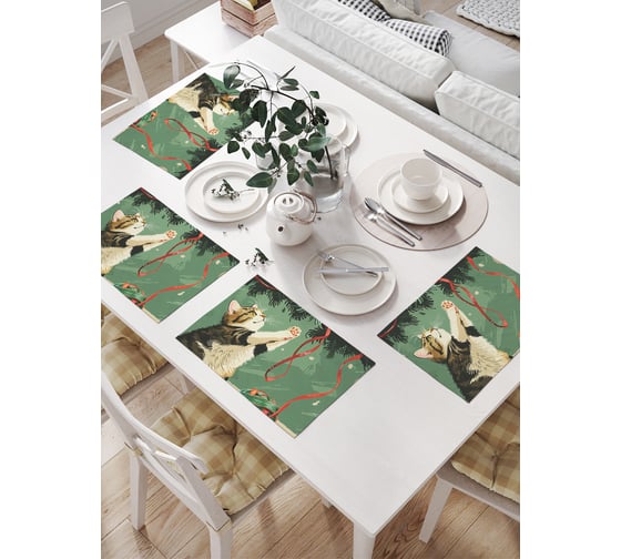 Изображение товара Салфетки на стол для сервировки прямоугольные, плейсмат JoyArty "Игра с ленточкой", 32x46 см, в комплекте 4 шт., серия Новый год и Рождество np_sd3979