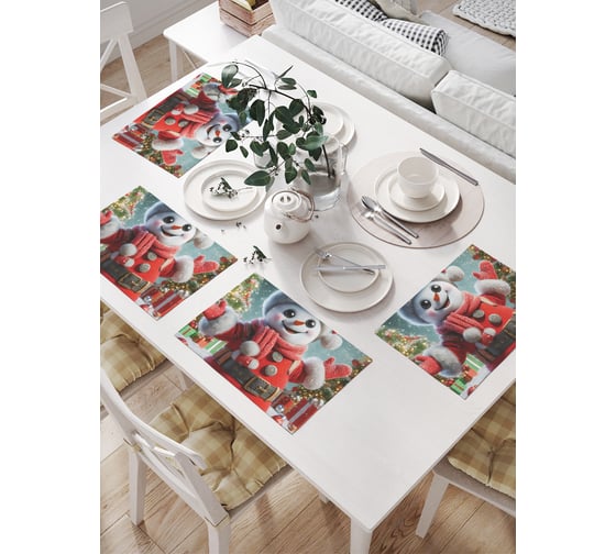 Изображение товара Салфетки на стол для сервировки прямоугольные, плейсмат JoyArty "Счастливый снеговик", 32x46 см, в комплекте 4 шт., серия Новый год и Рождество np_sd3928
