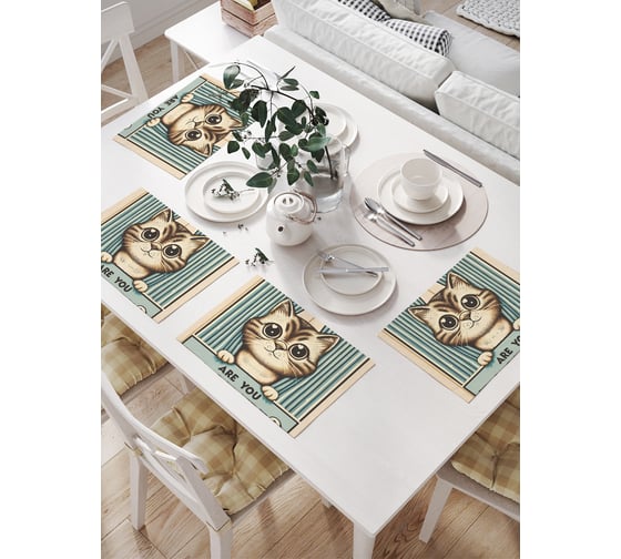 Изображение товара Салфетки на стол для сервировки прямоугольные, плейсмат JoyArty "Кот из шторки", 32x46 см, в комплекте 4 шт., np_sd3468
