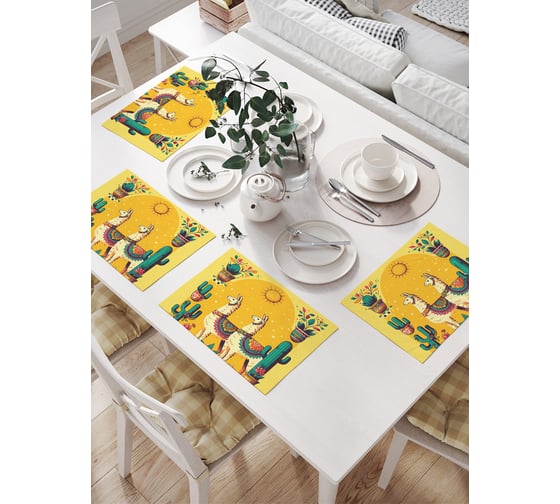 Изображение товара Салфетки на стол для сервировки прямоугольные, плейсмат JoyArty "Лама с кактусом", 32x46 см, в комплекте 4 шт., np_sd3440