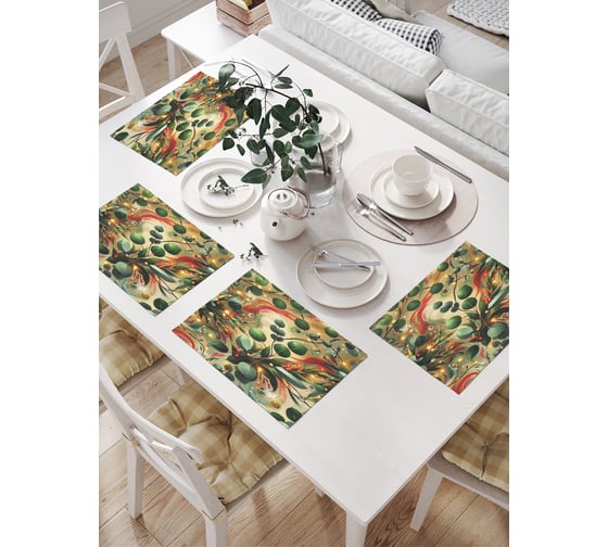 Изображение товара Салфетки на стол для сервировки прямоугольные, плейсмат JoyArty "Листья в огоньках", 32x46 см, в комплекте 4 шт., серия Новый год и Рождество np_sd3948