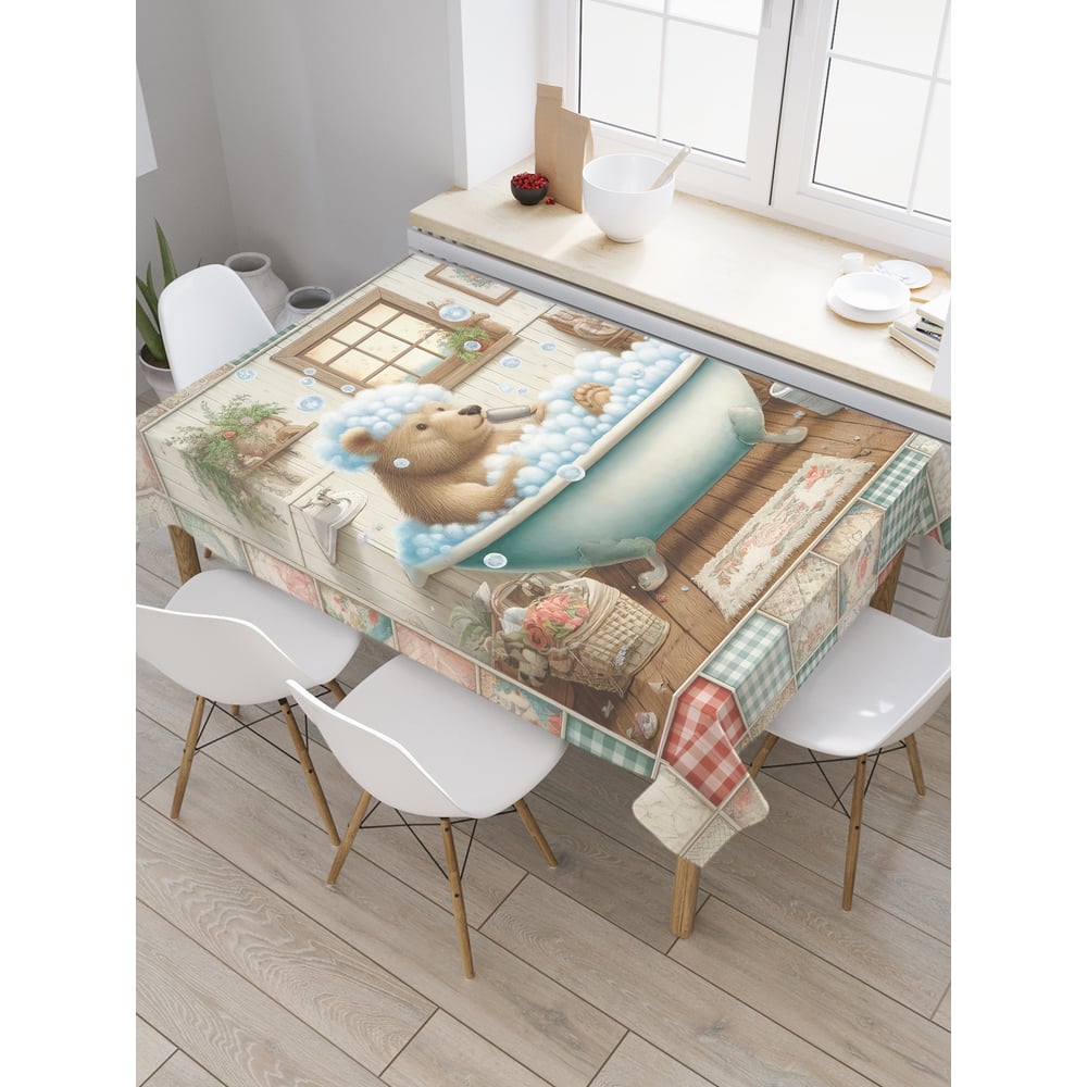 Изображение товара Прямоугольная тканевая скатерть JoyArty Медведь в ванной 145х180 см