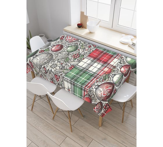 Изображение товара Прямоугольная тканевая скатерть на стол с рисунком JoyArty Игрушки на ель 120х145 см, серия Новый год и Рождество tc_sd3940_120x145