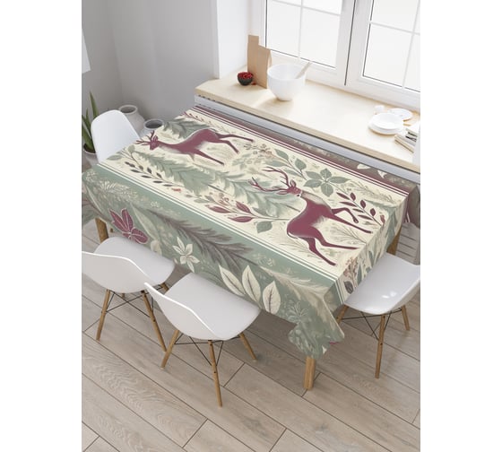 Изображение товара Прямоугольная тканевая скатерть на стол с рисунком JoyArty Олени в лесу 145х180 см, серия Новый год и Рождество tc_sd3860_180x145