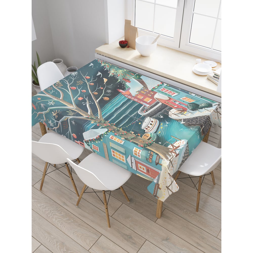 Изображение товара Прямоугольная тканевая скатерть JoyArty Зимний городок 120x145 см для новогодних праздников