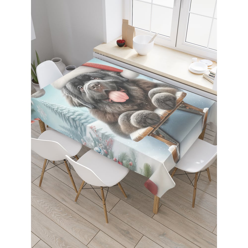 Изображение товара Прямоугольная тканевая скатерть JoyArty Пес на санках 145x180 см новогодняя дизайн