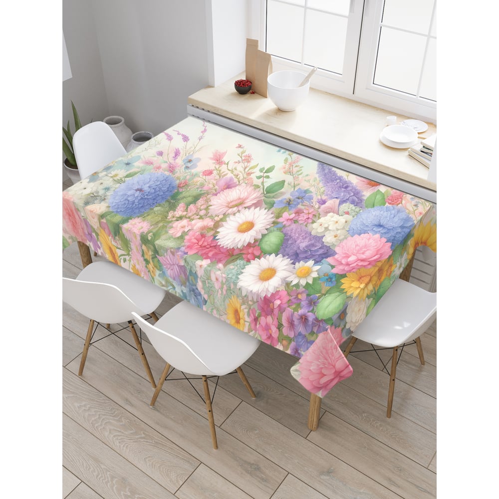 Изображение товара Прямоугольная тканевая скатерть на стол с рисунком цветов 120x145 см JoyArty