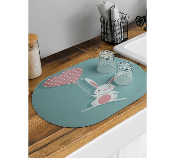 Изображение товара Коврик для сушки посуды впитывающий для кухни JoyArty Влюбленный кролик с шариком овальный 58x38 см sbm_44099_58x38