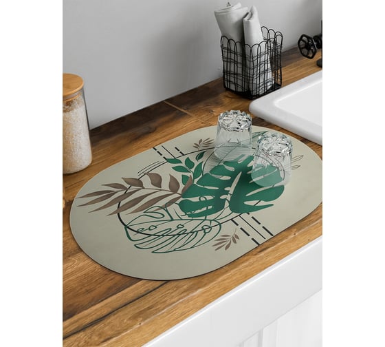 Изображение товара Коврик для сушки посуды впитывающий для кухни JoyArty Листья монстеры овальный 58x38 см sbm_420329_58x38
