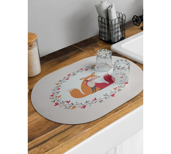 Изображение товара Коврик для сушки посуды впитывающий для кухни JoyArty Лисья любовь овальный 58x38 см sbm_91994_58x38