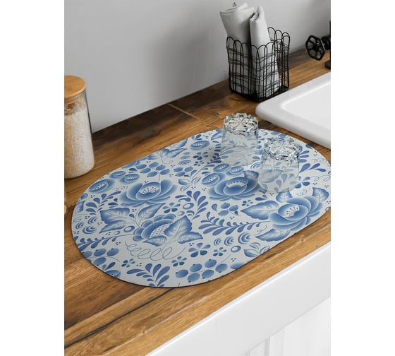Изображение товара Коврик для сушки посуды впитывающий для кухни JoyArty Керамическая гжель овальный 58x38 см sbm_62522_58x38