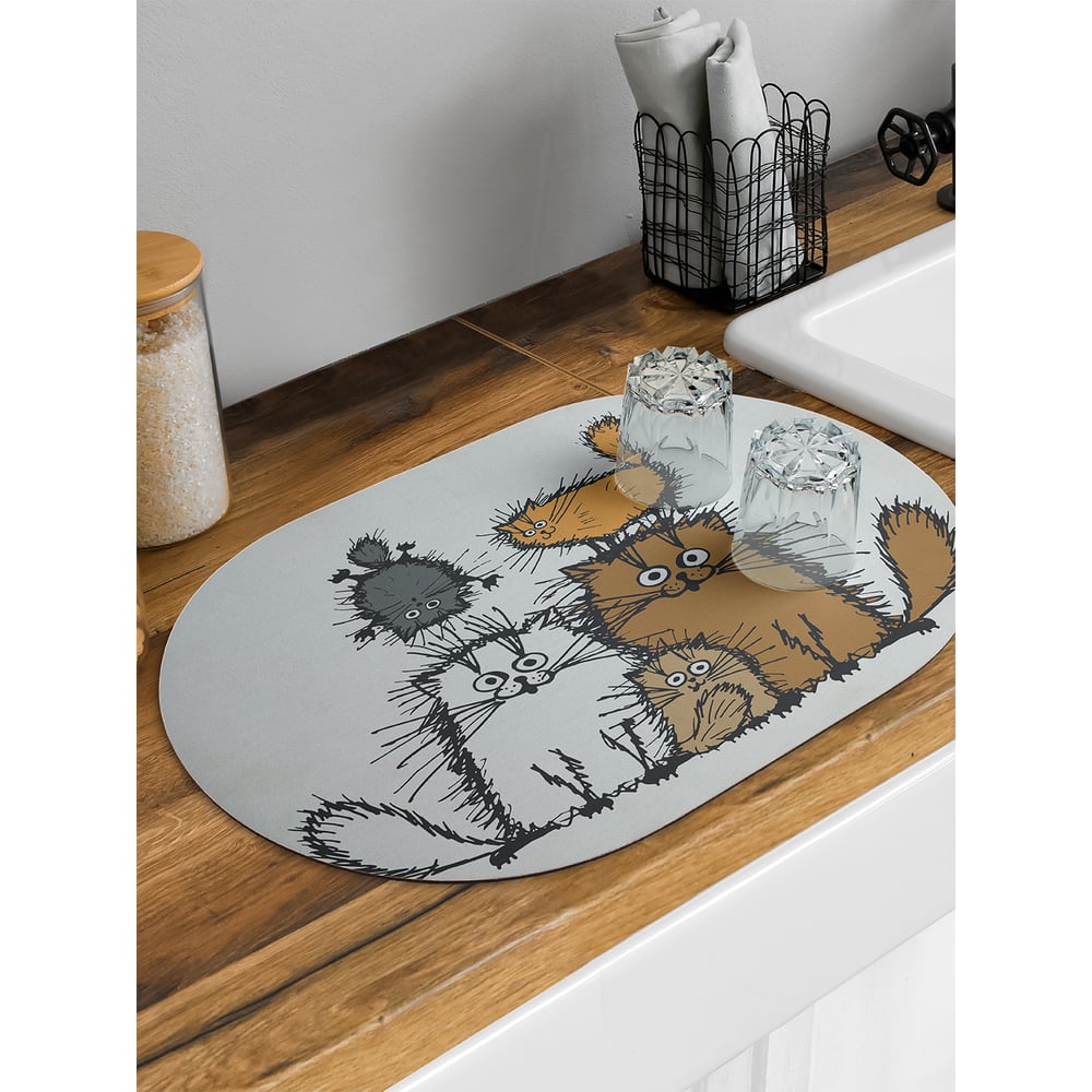 Изображение товара Коврик для сушки посуды впитывающий для кухни JoyArty Семейство котов овальный 58x38 см sbm_128621_58x38