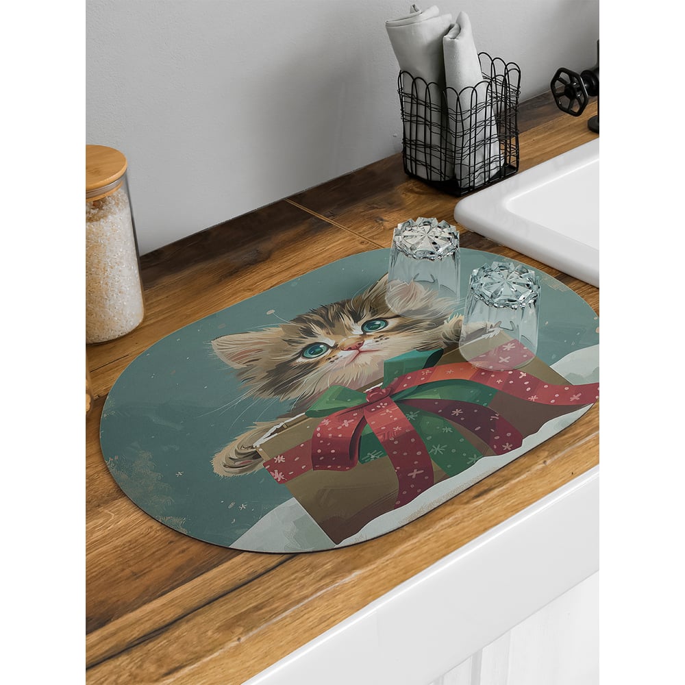 Изображение товара Коврик для сушки посуды JoyArty Новогодний подарок овальный 58x38 см sbm_sd3976_58x38