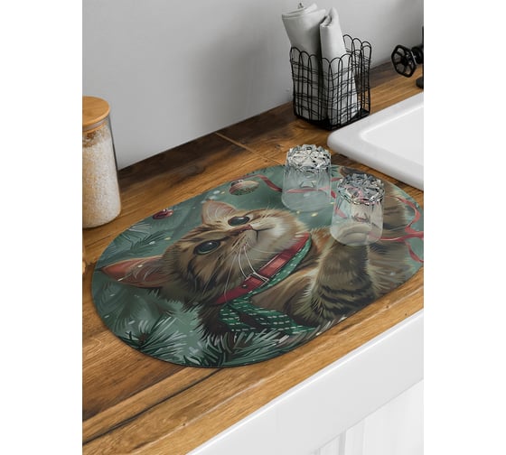 Изображение товара Коврик для сушки посуды JoyArty Играющий котик овальный 58x38 см sbm_sd3980_58x38