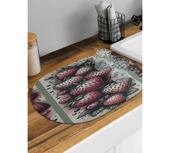 Изображение товара Коврик для сушки посуды JoyArty Клубника овальный 58x38 см sbm_sd3444_58x38