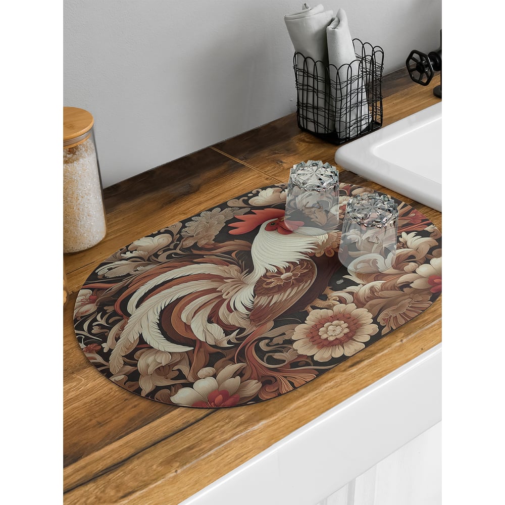 Изображение товара Коврик для сушки посуды JoyArty Петух в цветах овальный 58x38 см