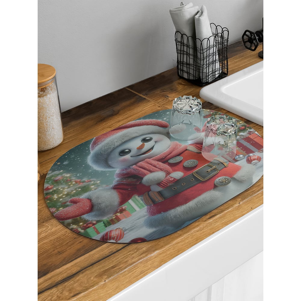 Изображение товара Коврик для сушки посуды JoyArty Счастливый снеговик овальный 58x38 см