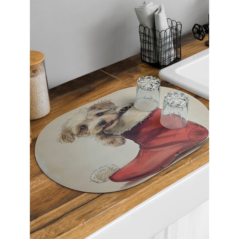 Изображение товара Коврик для сушки посуды JoyArty Щенок в валенке овальный 58x38 см sbm_sd3998_58x38