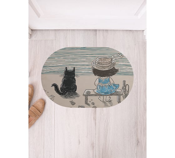 Изображение товара Коврик придверный грязезащитный в прихожую JoyArty с принтом Девочка с котом на берегу овальный 58x38 см sbm_62491_58x38