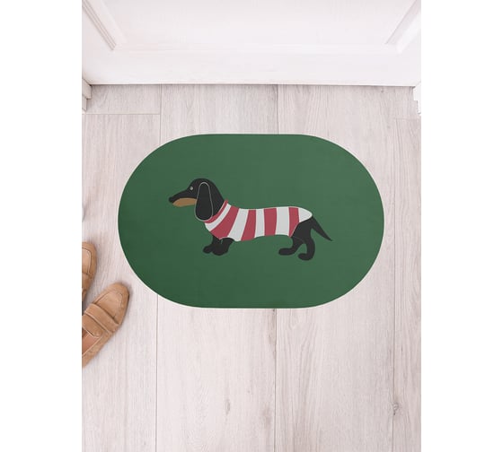 Изображение товара Коврик придверный грязезащитный в прихожую JoyArty с принтом Такса в футболке овальный 58x38 см sbm_53896_58x38