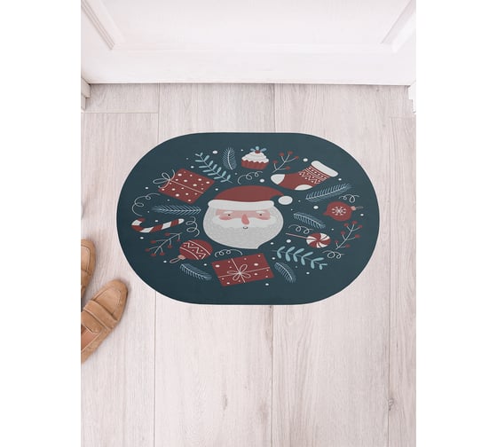 Изображение товара Коврик придверный грязезащитный в прихожую JoyArty с принтом Счастливый Дед Мороз овальный 58x38 см sbm_427903_58x38
