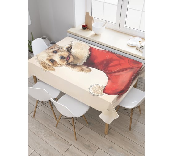 Изображение товара Прямоугольная тканевая скатерть на стол с рисунком JoyArty Щенок в валенке 145х180 см, серия Новый год и Рождество tc_sd3998_180x145