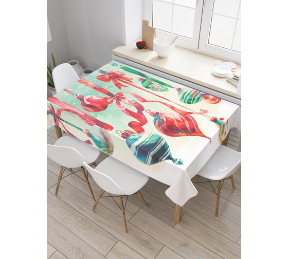 Изображение товара Прямоугольная тканевая скатерть на стол с рисунком JoyArty Игрушки на елку 145х180 см, серия Новый год и Рождество tc_sd3982_180x145