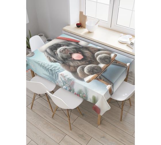 Изображение товара Прямоугольная тканевая скатерть на стол с рисунком JoyArty Пес на санках 120х145 см, серия Новый год и Рождество tc_sd3867_120x145