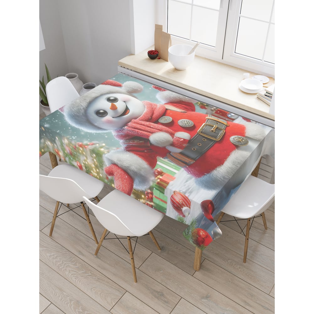 Изображение товара Прямоугольная тканевая скатерть с рисунком Счастливый снеговик 120х145 см JoyArty