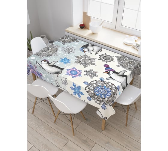 Изображение товара Прямоугольная тканевая скатерть на стол с рисунком JoyArty Снежные пингвины 120х145 см, серия Новый год и Рождество tc_sd3971_120x145