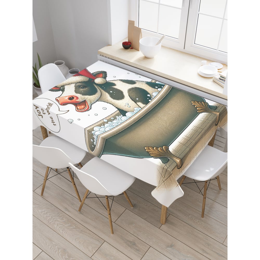 Изображение товара Прямоугольная тканевая скатерть JoyArty Радостная корова 145x180 см праздничный дизайн