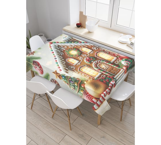 Изображение товара Прямоугольная тканевая скатерть на стол с рисунком JoyArty Пряничный домик 145х180 см, серия Новый год и Рождество tc_sd3882_180x145