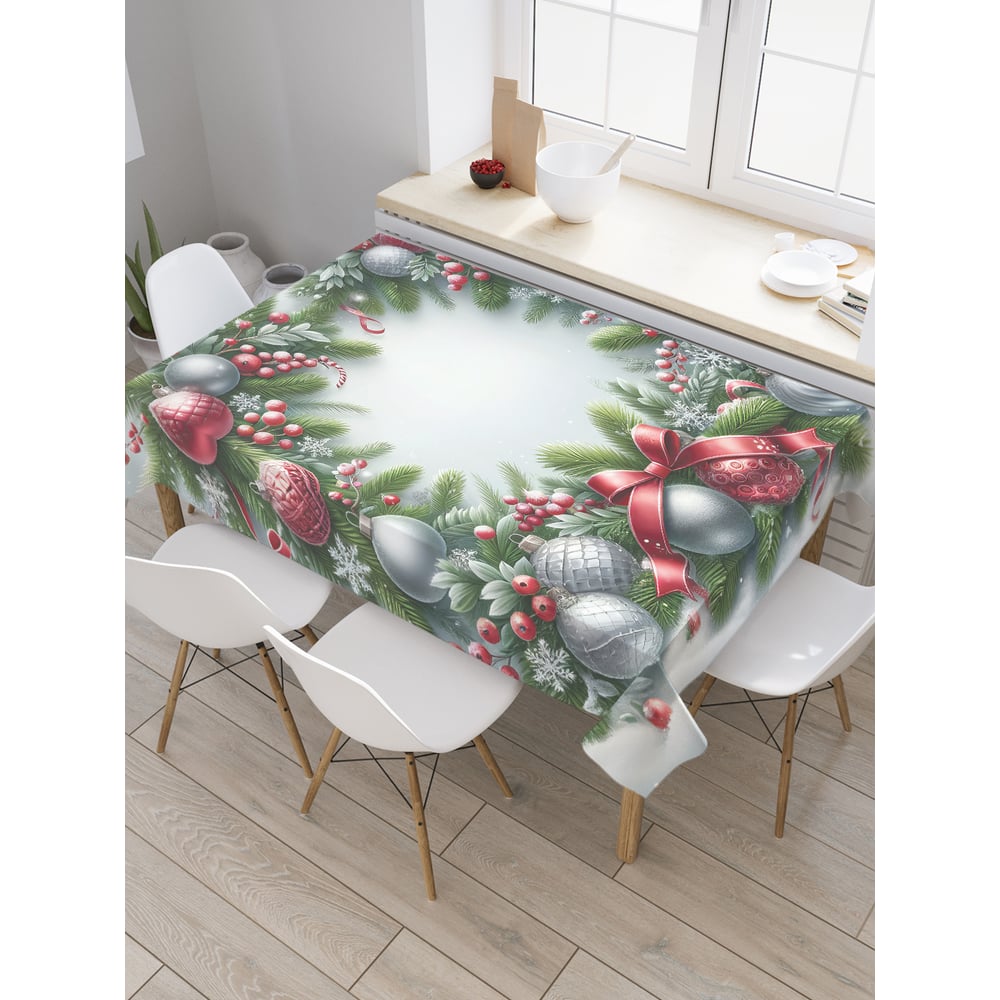 Изображение товара Прямоугольная тканевая скатерть на стол с рисунком JoyArty Праздничный венок 145х180 см, серия Новый год и Рождество tc_sd3950_180x145