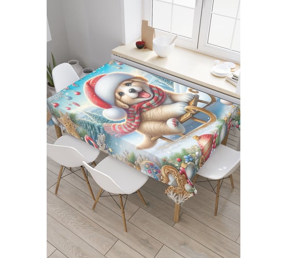 Изображение товара Прямоугольная тканевая скатерть на стол с рисунком JoyArty Счастливый щенок 145х180 см, серия Новый год и Рождество tc_sd3862_180x145