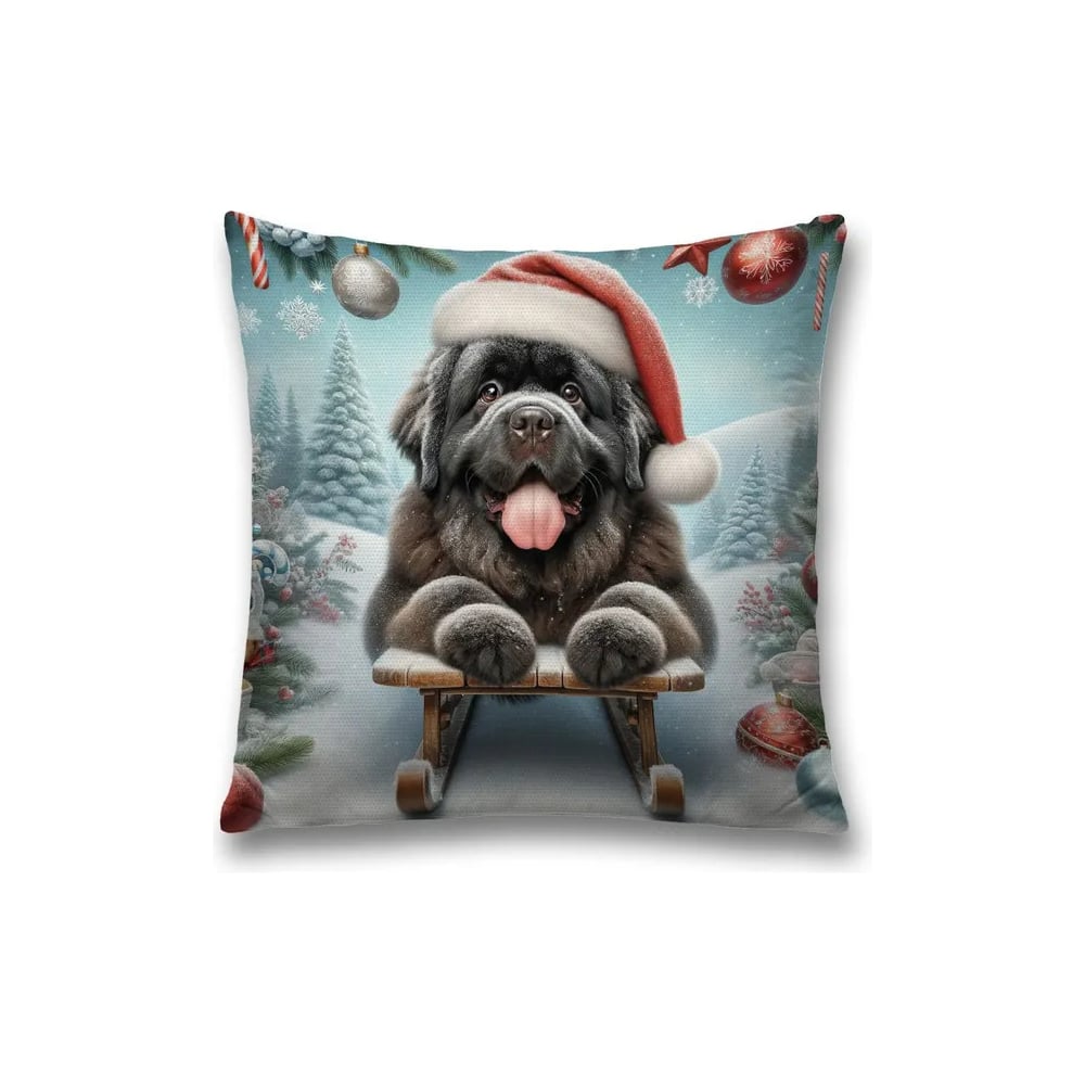Изображение товара Декоративная наволочка на молнии JoyArty Пес на санках 45x45 см, новогодний дизайн, оксфорд