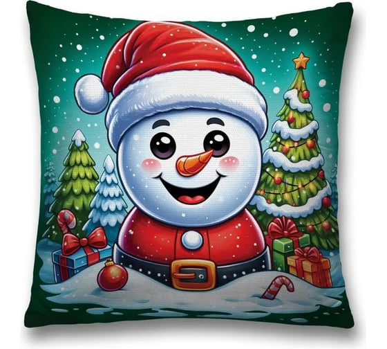 Изображение товара Декоративная наволочка на молнии JoyArty Снеговик с подарками 45x45 см, серия Новый год и Рождество sl_sd3927