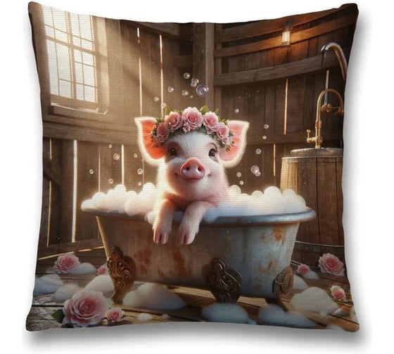 Изображение товара Декоративная наволочка на молнии JoyArty Хрюша с розами 45x45 см sl_sd3576